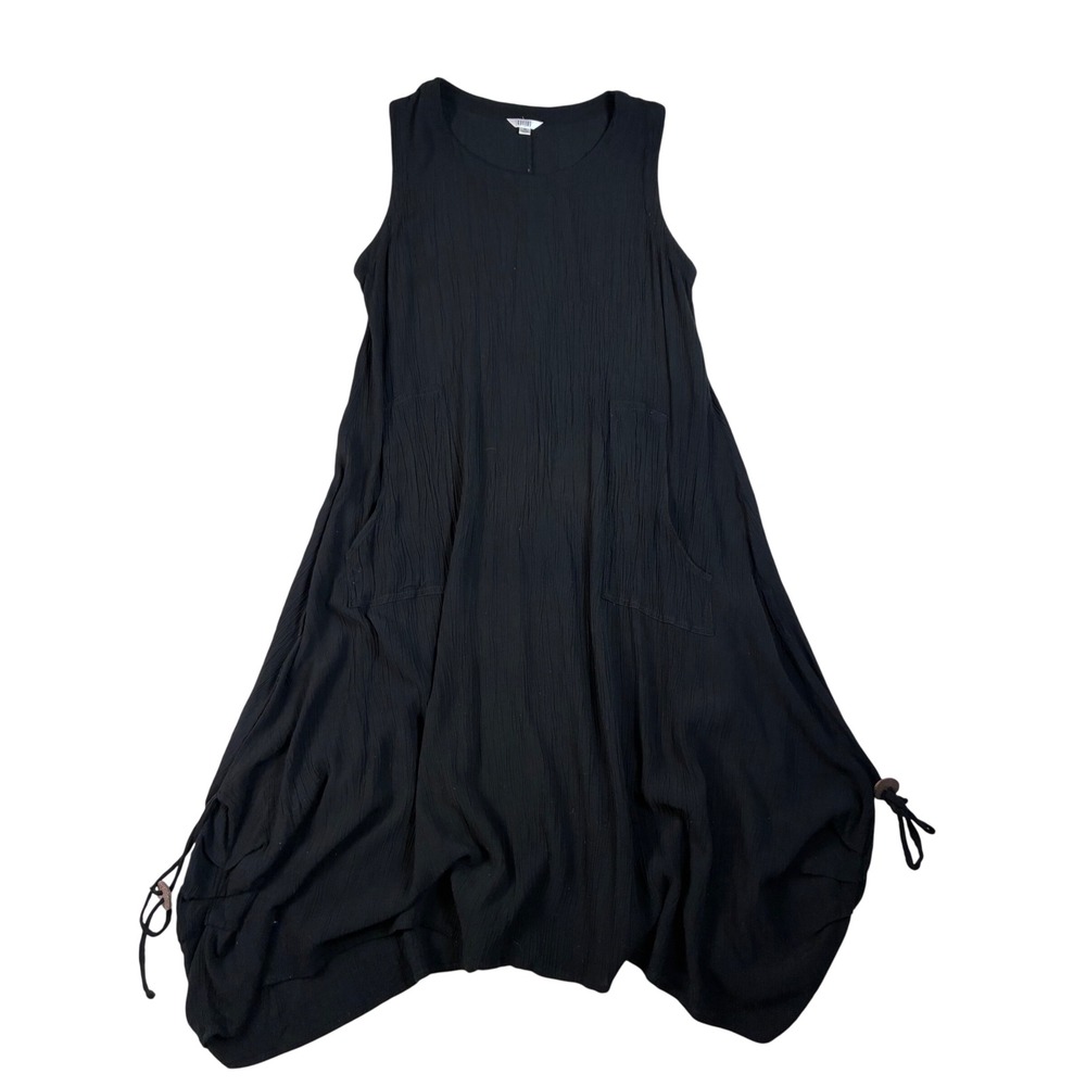 Kaktus Midi Dress Crinkle Rayon Pockets Black Lagenlook Boho XL